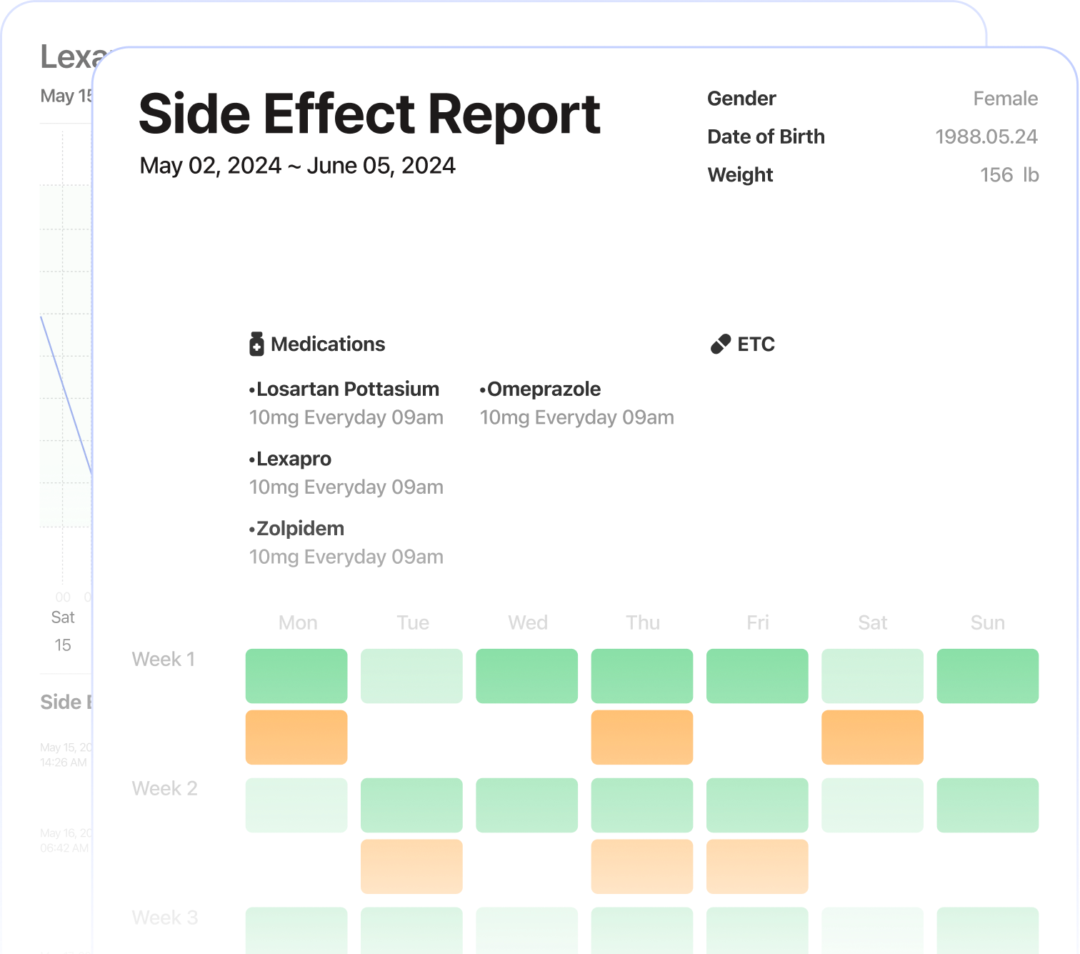 Side effect report with medications and side effect logs.